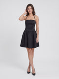 Black Matte Satin A-Line Straight Neck Side Zip Short Dress