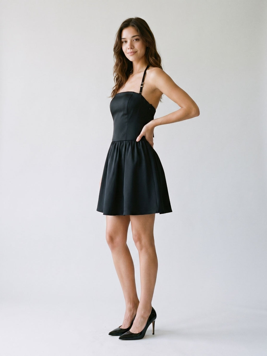 Black Matte Satin A-Line Straight Neck Side Zip Short Dress