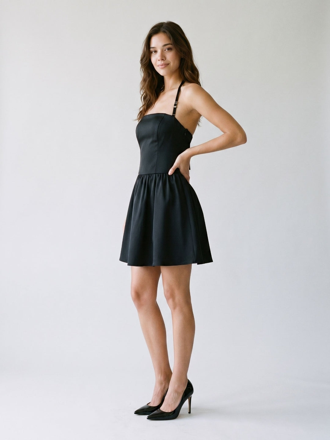 Black Matte Satin A-Line Straight Neck Side Zip Short Dress