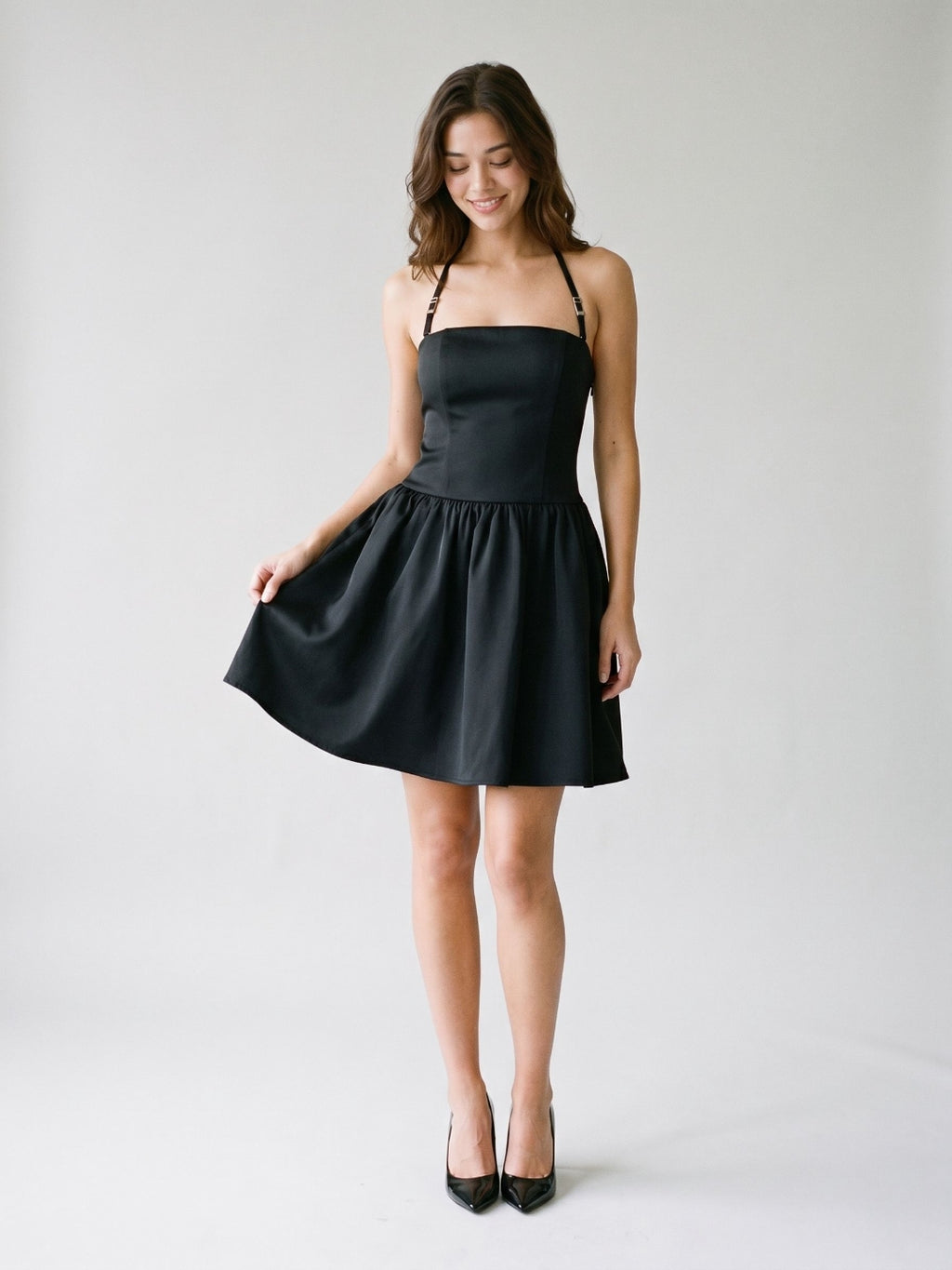 Black Matte Satin A-Line Straight Neck Side Zip Short Dress