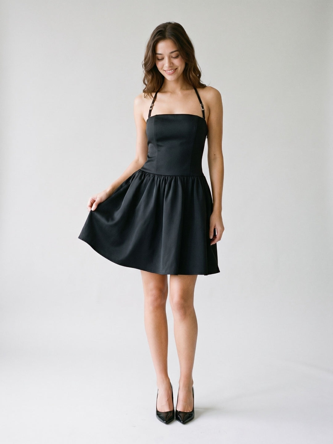 Black Matte Satin A-Line Straight Neck Side Zip Short Dress