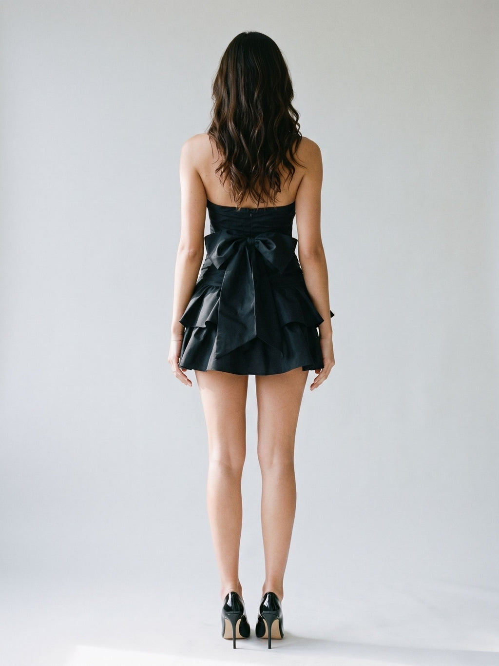 Black Matte Satin A-Line Sweetheart Back Zip Short Dress with Bow