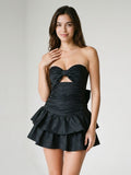 Black Matte Satin A-Line Sweetheart Back Zip Short Dress with Bow