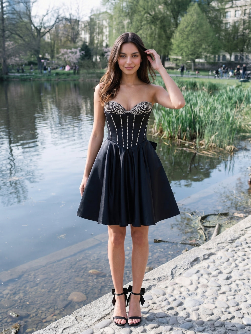 Black Matte Satin A-Line Sweetheart Short Homecoming Dress with Beading