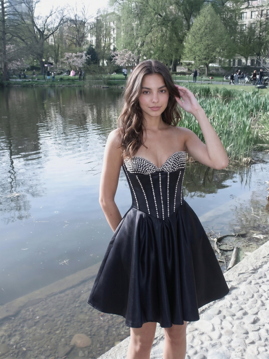 Black Matte Satin A-Line Sweetheart Short Homecoming Dress with Beading