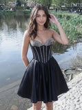Black Matte Satin A-Line Sweetheart Short Homecoming Dress with Beading