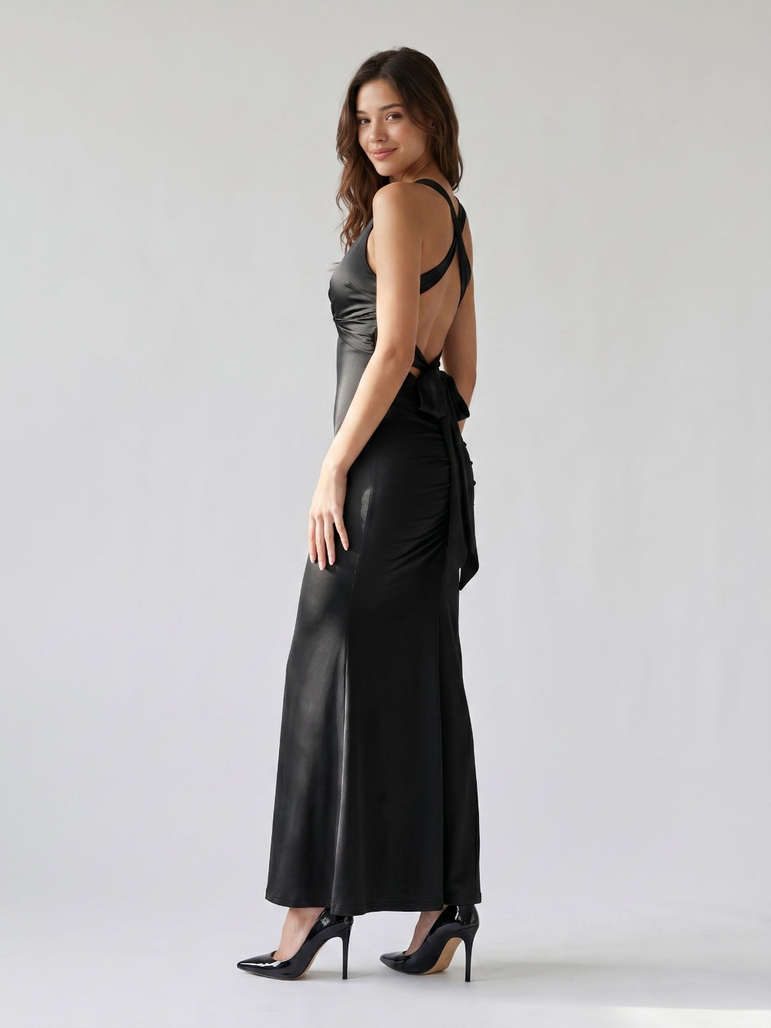Black Matte Satin Mermaid Halter Neckline Backless Floor-Length Party Dress with Bow