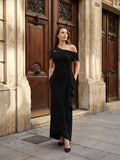 Black Matte Satin Mermaid One-Shoulder Back Zip Floor-Length Mother of the Bride Dress