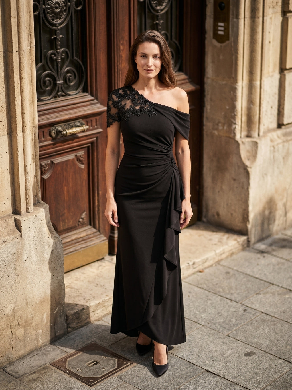 Black Matte Satin Mermaid One-Shoulder Back Zip Floor-Length Mother of the Bride Dress
