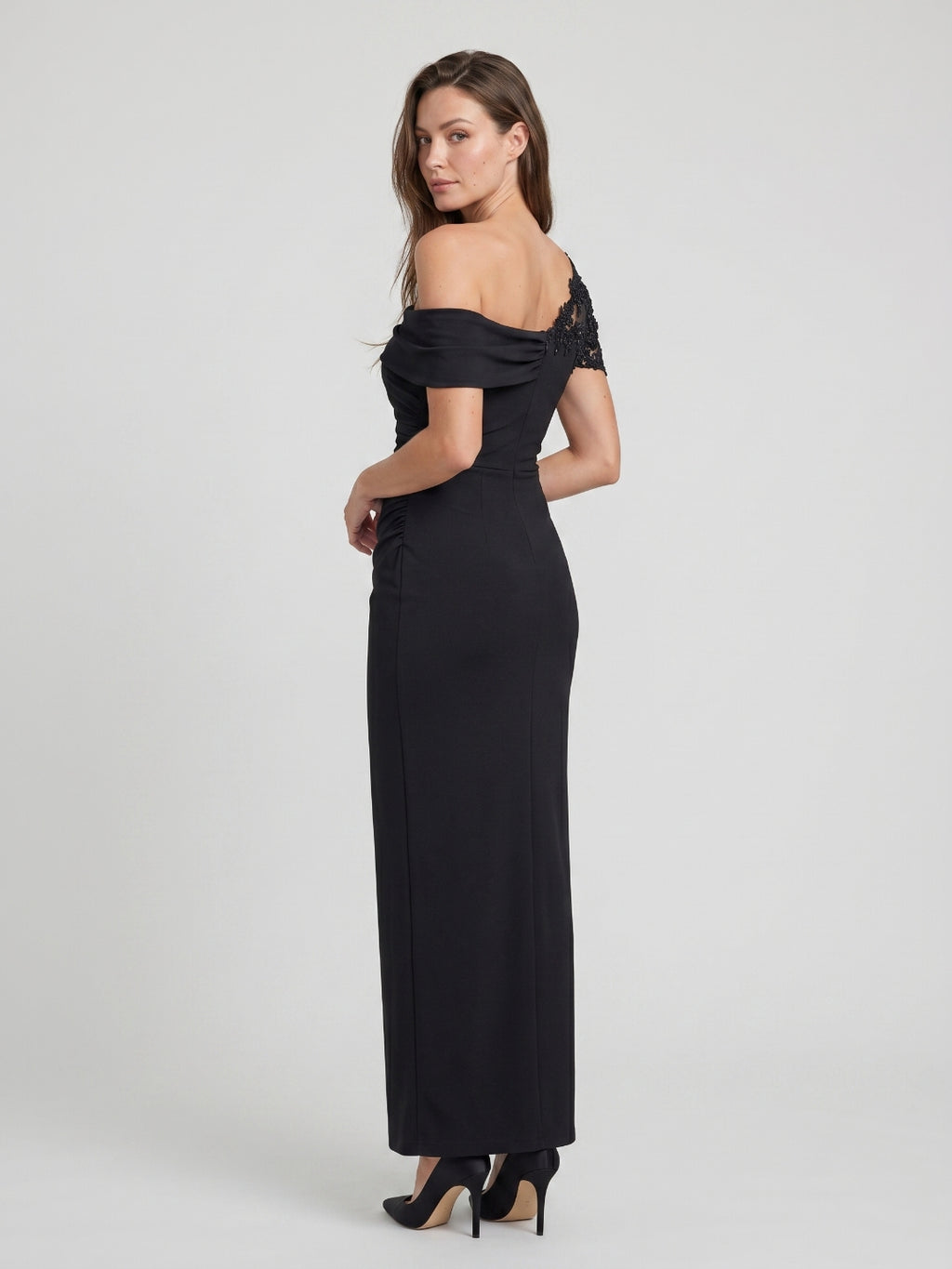 Black Matte Satin Mermaid One-Shoulder Back Zip Floor-Length Mother of the Bride Dress