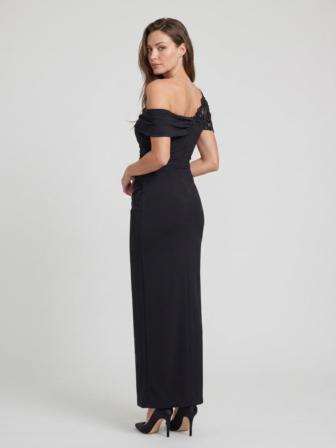 Black Matte Satin Mermaid One-Shoulder Back Zip Floor-Length Mother of the Bride Dress