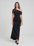 Black Matte Satin Mermaid One-Shoulder Back Zip Floor-Length Mother of the Bride Dress