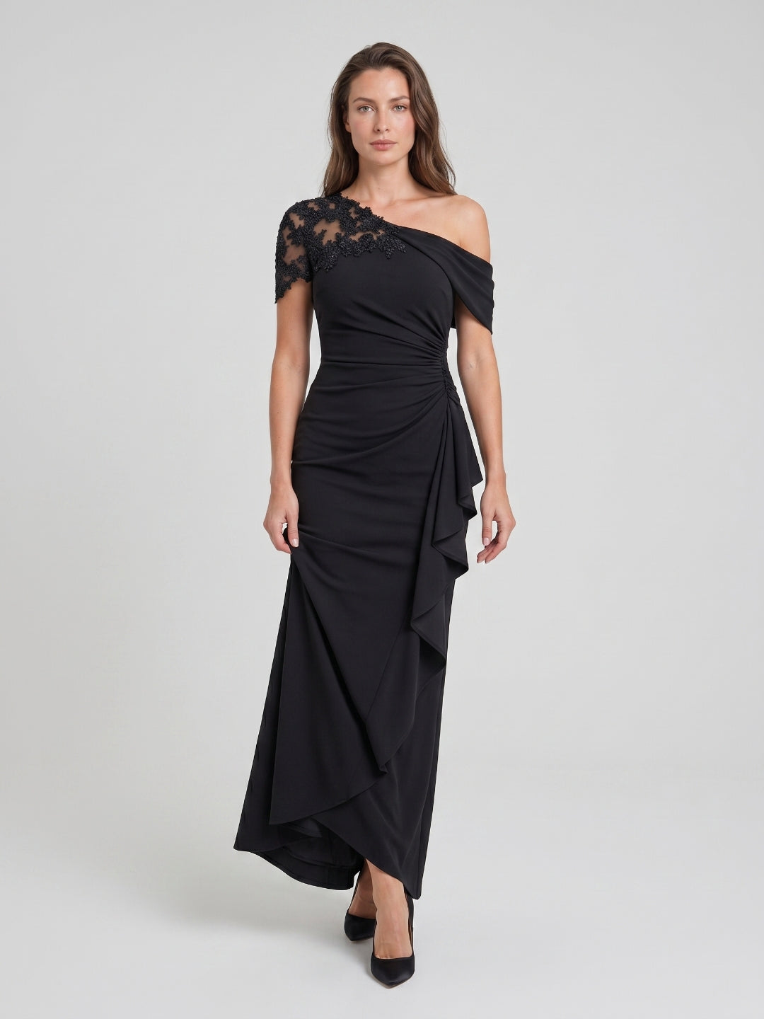 Black Matte Satin Mermaid One-Shoulder Back Zip Floor-Length Mother of the Bride Dress