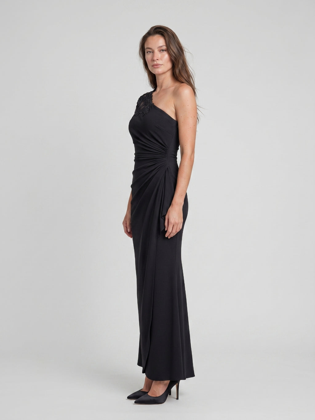 Black Matte Satin Mermaid One-Shoulder Back Zip Floor-Length Mother of the Bride Dress