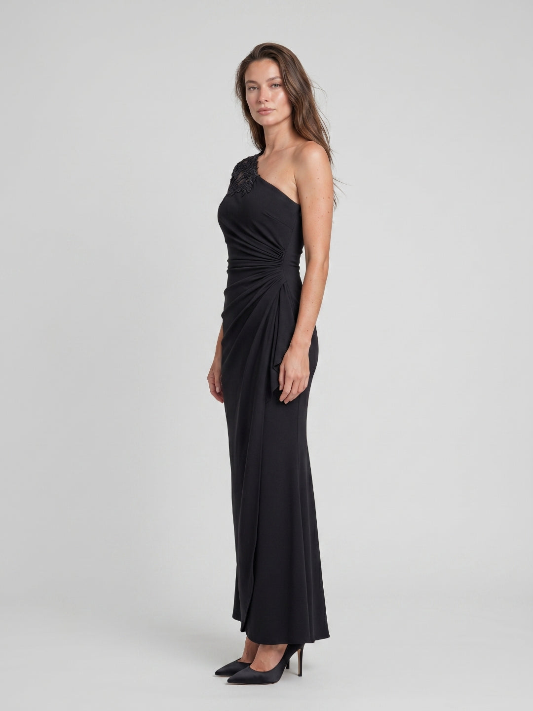 Black Matte Satin Mermaid One-Shoulder Back Zip Floor-Length Mother of the Bride Dress