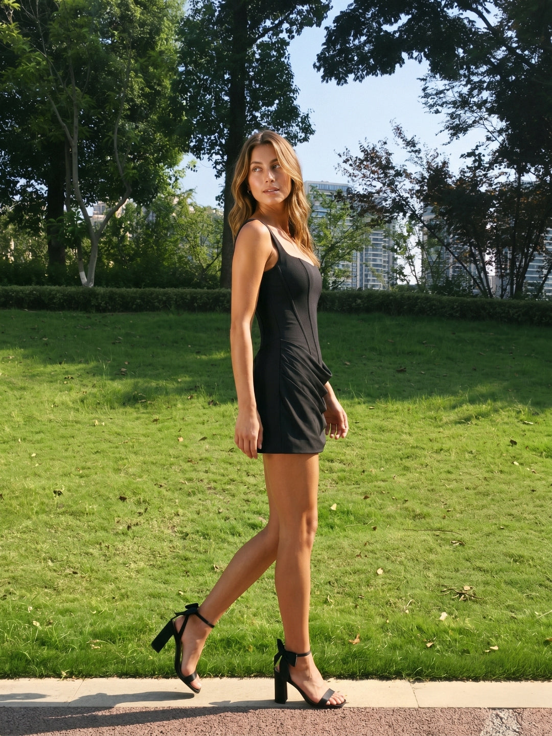 Black Matte Satin Sheath Square Neck Criss-Cross Straps Mini Homecoming Dress with Pleats