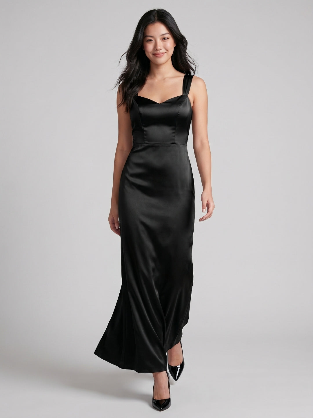 Black Matte Satin Sheath Sweetheart Back Zip Floor-Length Bridesmaid Dress