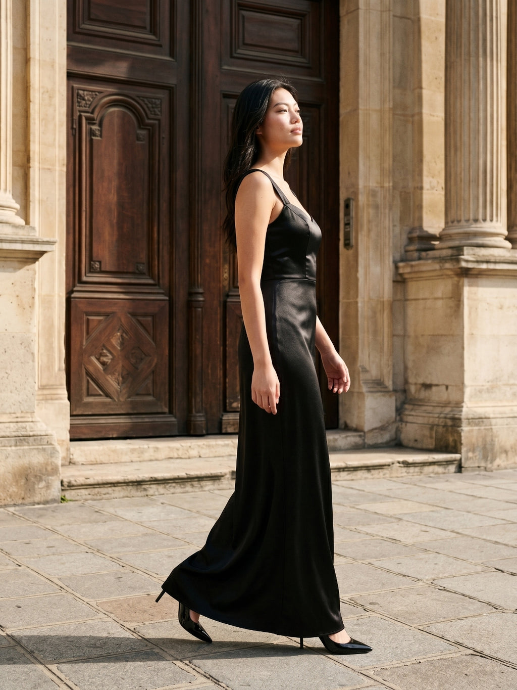 Black Matte Satin Sheath Sweetheart Back Zip Floor-Length Bridesmaid Dress