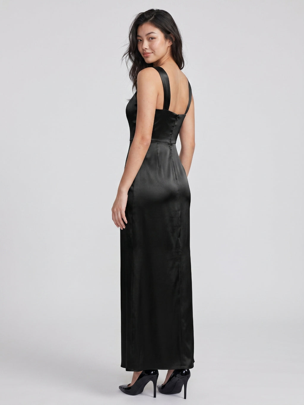 Black Matte Satin Sheath Sweetheart Back Zip Floor-Length Bridesmaid Dress