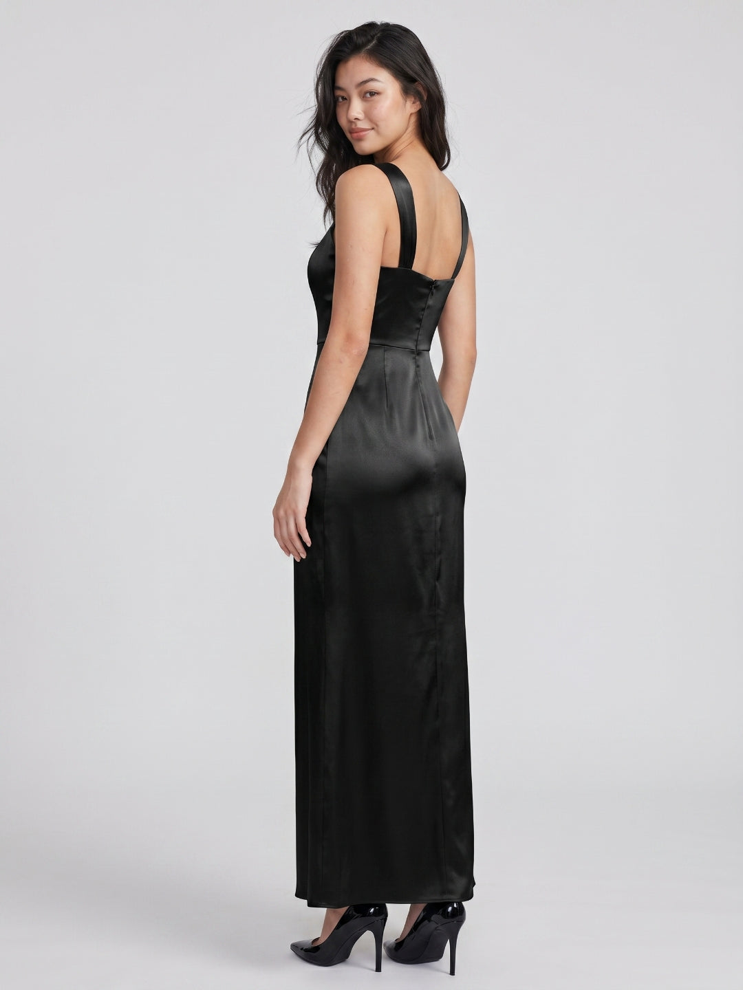 Black Matte Satin Sheath Sweetheart Back Zip Floor-Length Bridesmaid Dress