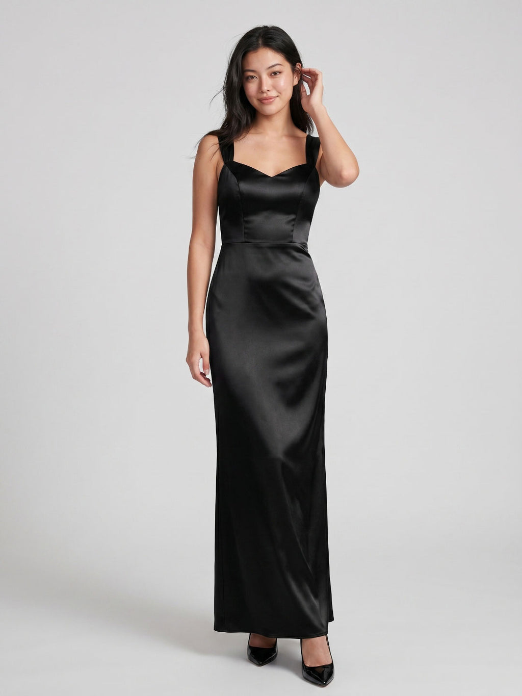 Black Matte Satin Sheath Sweetheart Back Zip Floor-Length Bridesmaid Dress