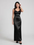 Black Matte Satin Sheath Sweetheart Back Zip Floor-Length Bridesmaid Dress