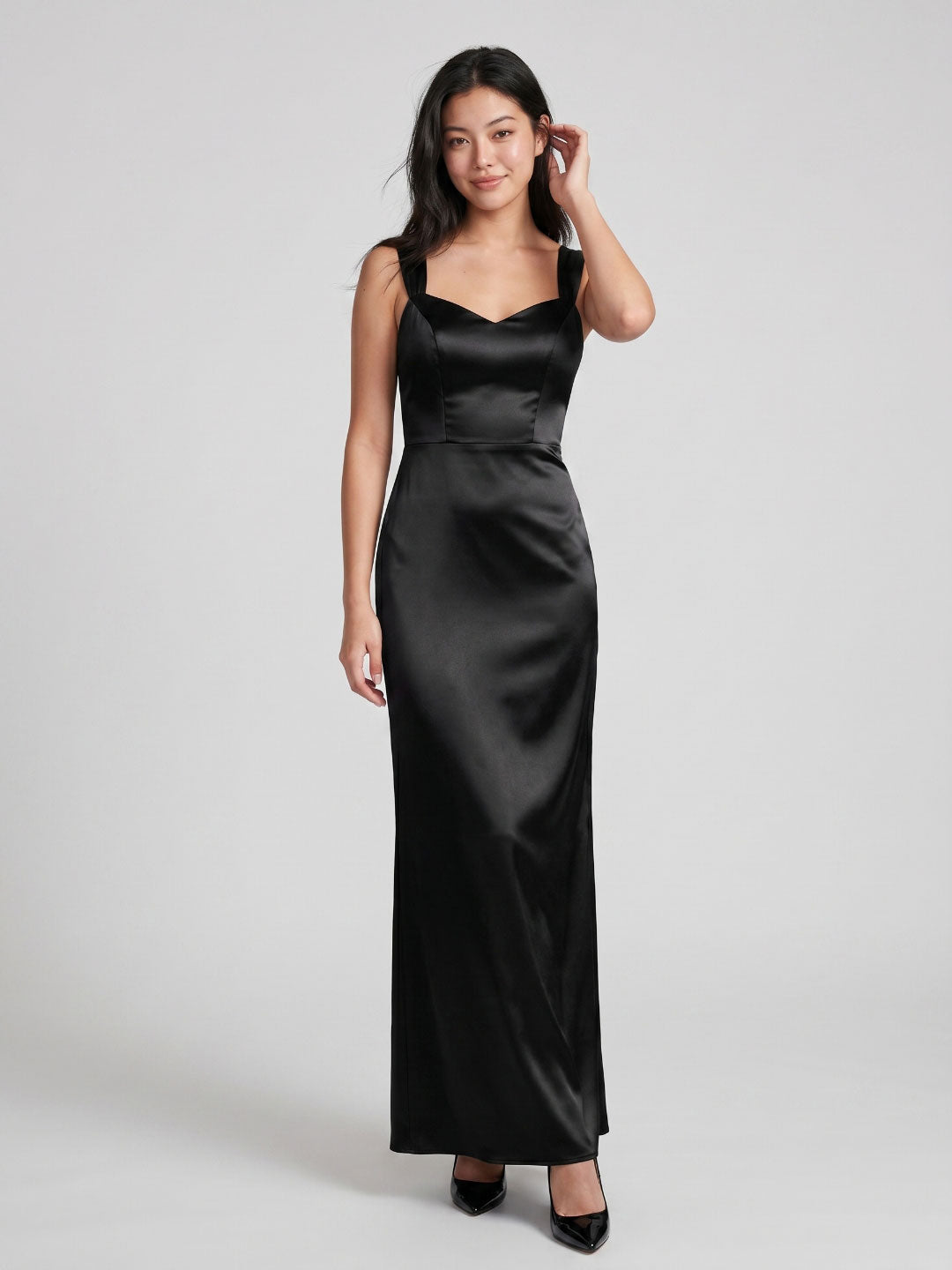 Black Matte Satin Sheath Sweetheart Back Zip Floor-Length Bridesmaid Dress
