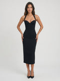 Black Matte Satin Sheath V-Neck Bow Back Tea-Length Formal Dress with Bow Detail