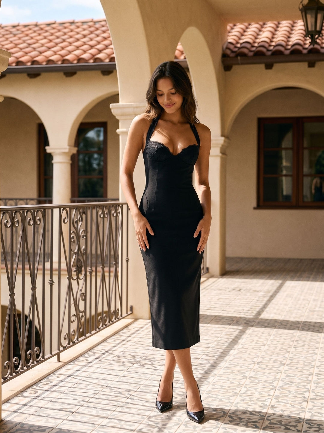Black Matte Satin Sheath V-Neck Bow Back Tea-Length Formal Dress with Bow Detail
