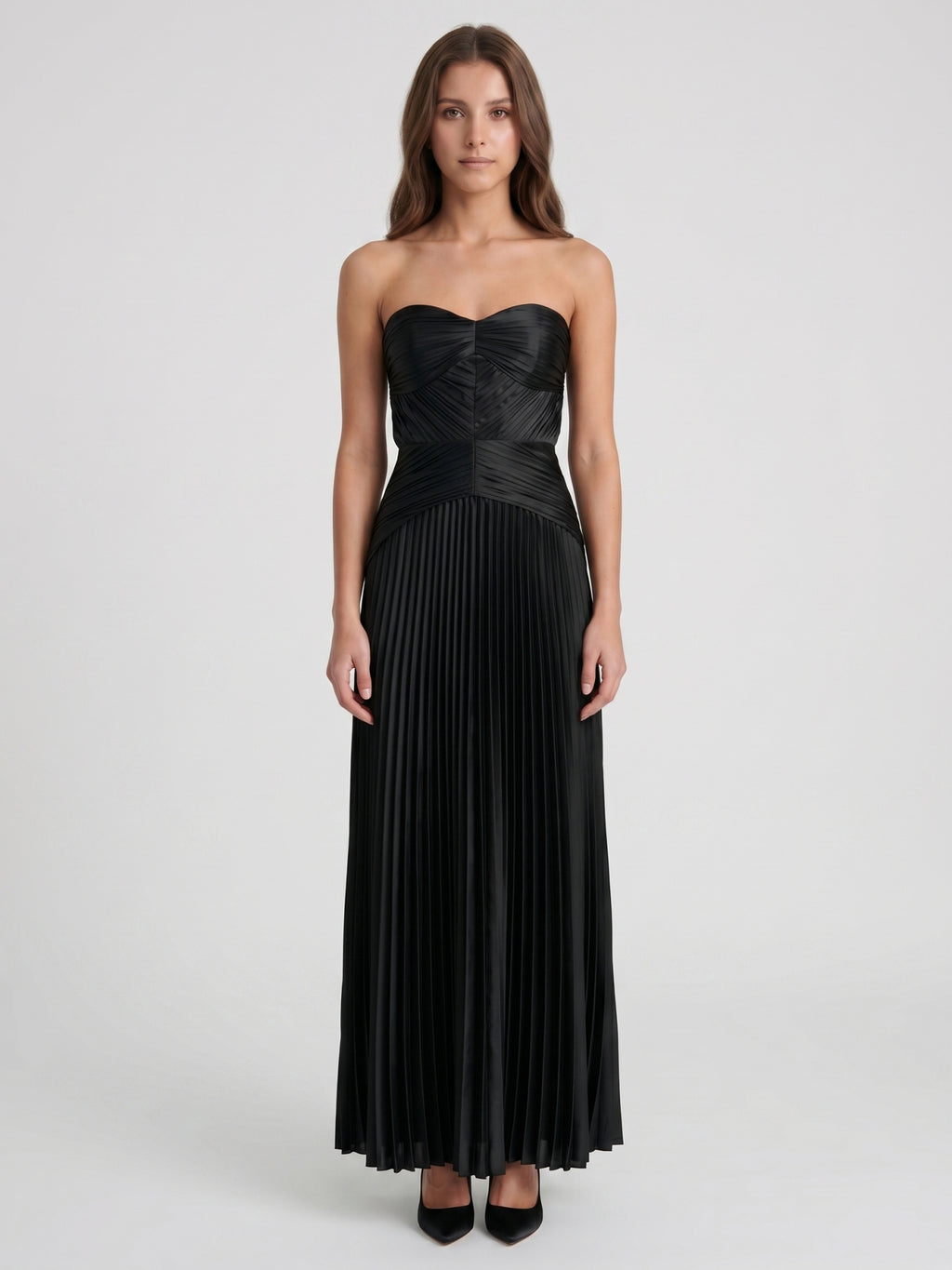 Black Satin A-Line Straight Neck Backless Floor-Length Pleated Bridesmaid Dress