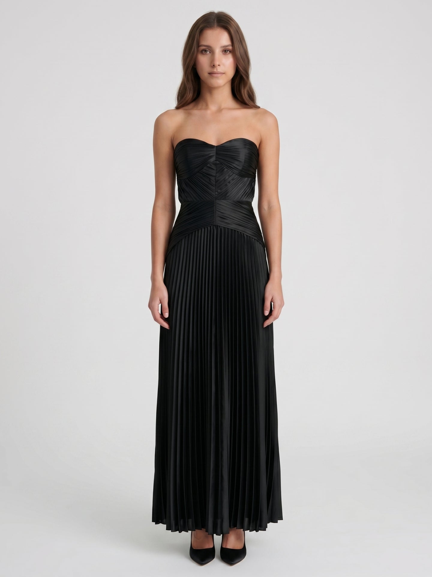 Black Satin A-Line Straight Neck Backless Floor-Length Pleated Bridesmaid Dress