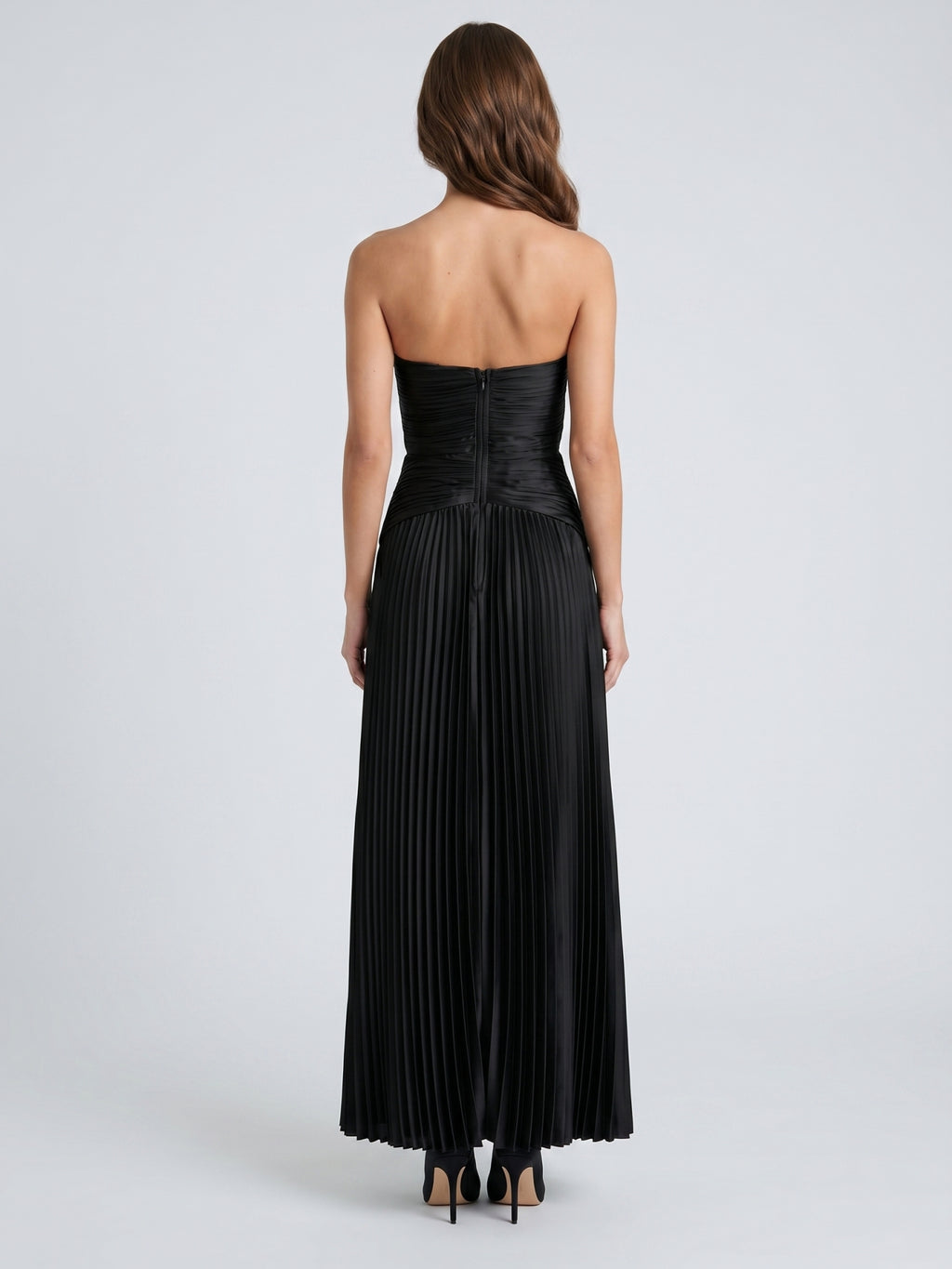 Black Satin A-Line Straight Neck Backless Floor-Length Pleated Bridesmaid Dress