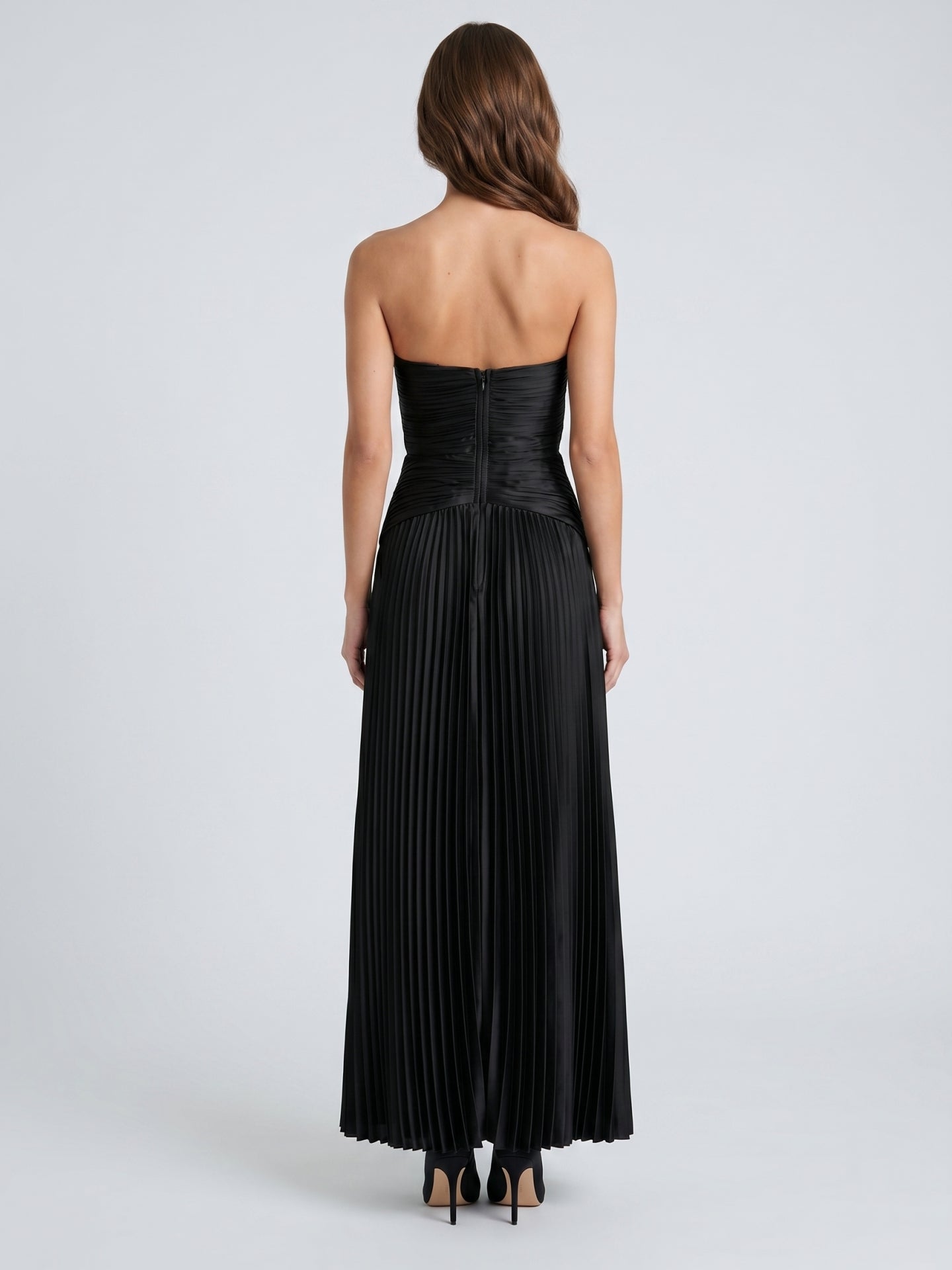 Black Satin A-Line Straight Neck Backless Floor-Length Pleated Bridesmaid Dress