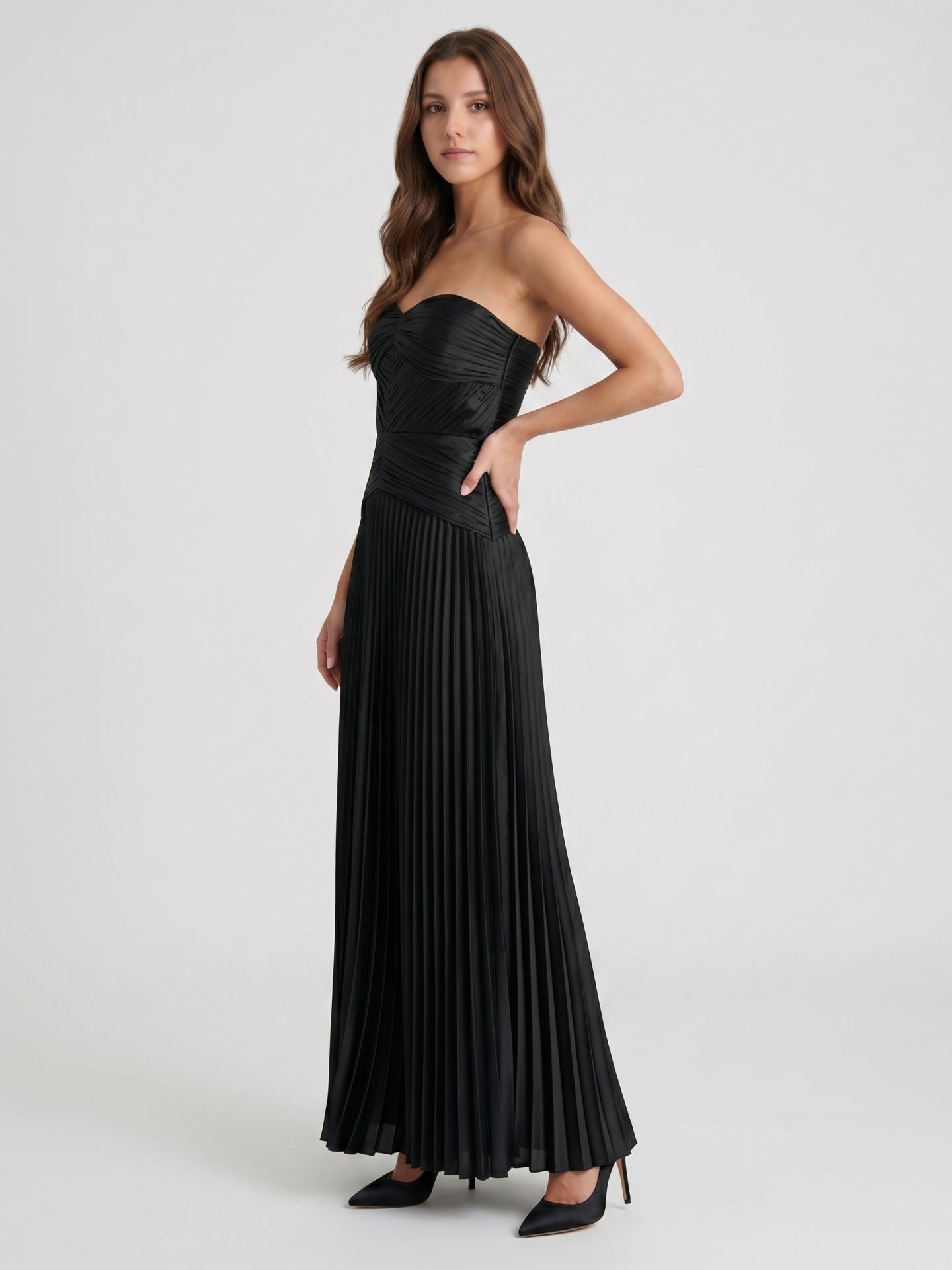 Black Satin A-Line Straight Neck Backless Floor-Length Pleated Bridesmaid Dress