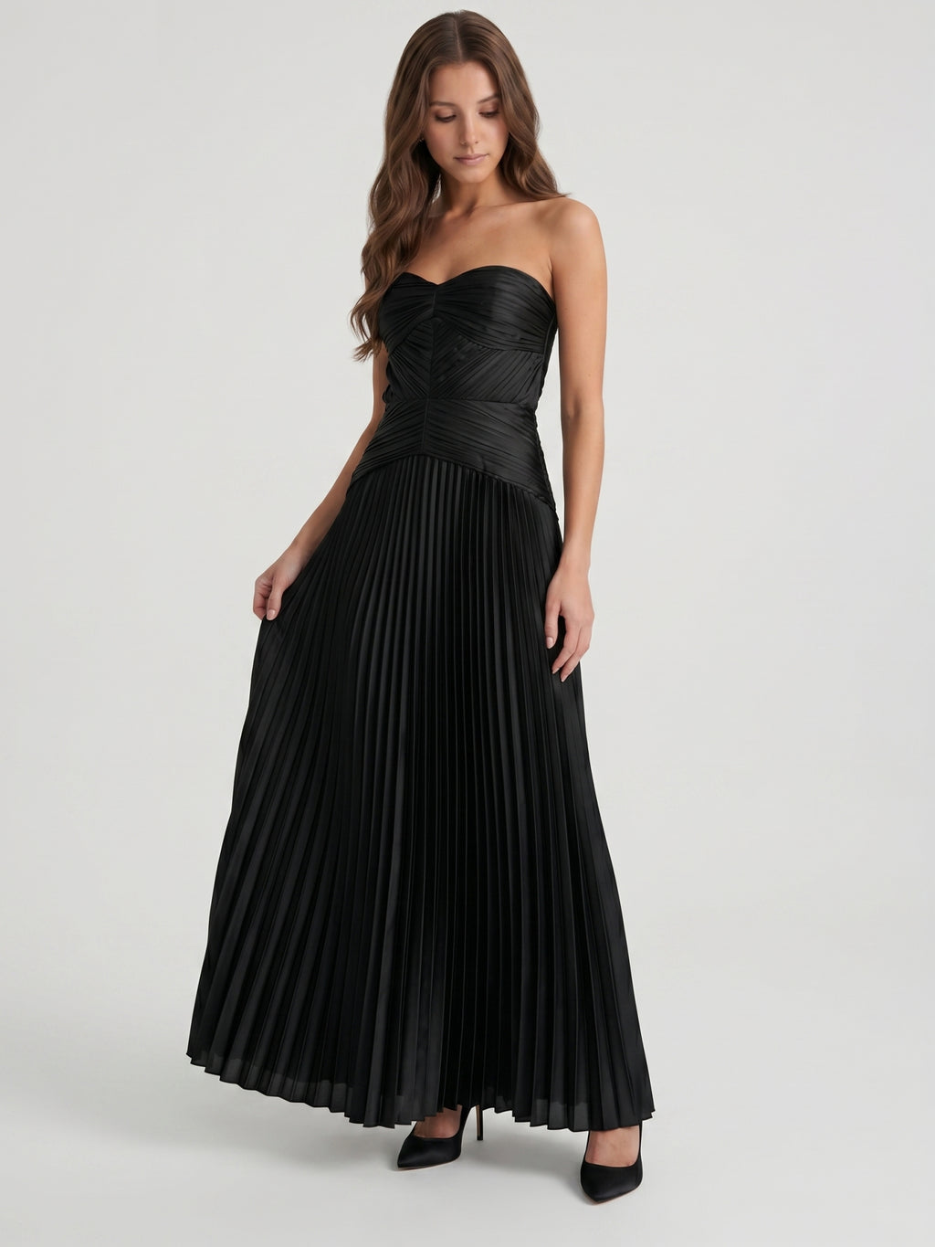 Black Satin A-Line Straight Neck Backless Floor-Length Pleated Bridesmaid Dress