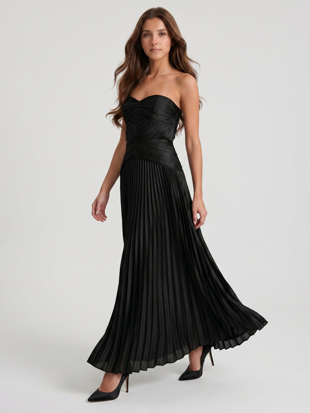 Black Satin A-Line Straight Neck Backless Floor-Length Pleated Bridesmaid Dress