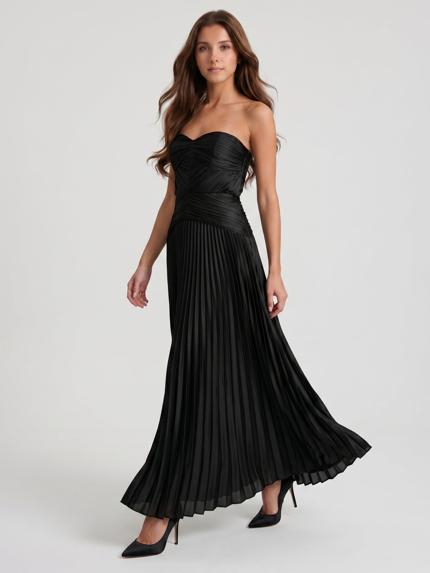 Black Satin A-Line Straight Neck Backless Floor-Length Pleated Bridesmaid Dress