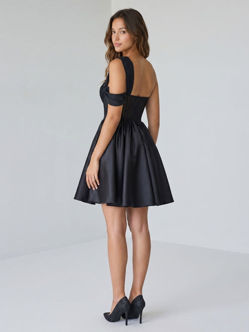Black Satin A-Line One Shoulder Back Zip Short Homecoming Dress with Pleating