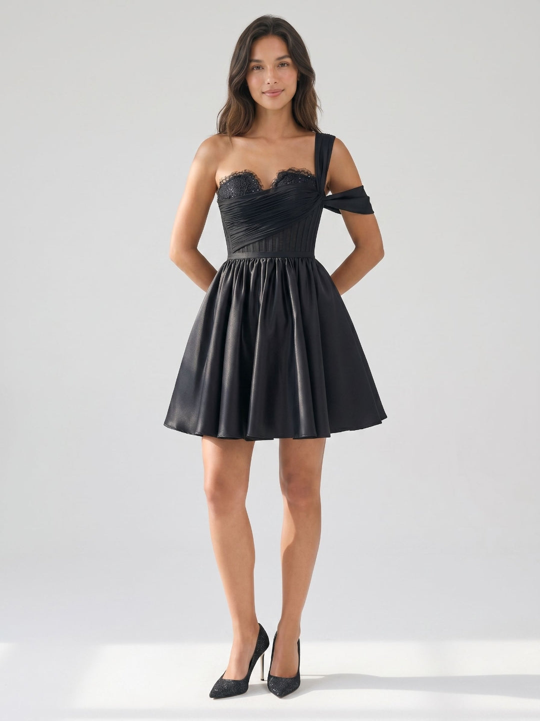 Black Satin A-Line One Shoulder Back Zip Short Homecoming Dress with Pleating