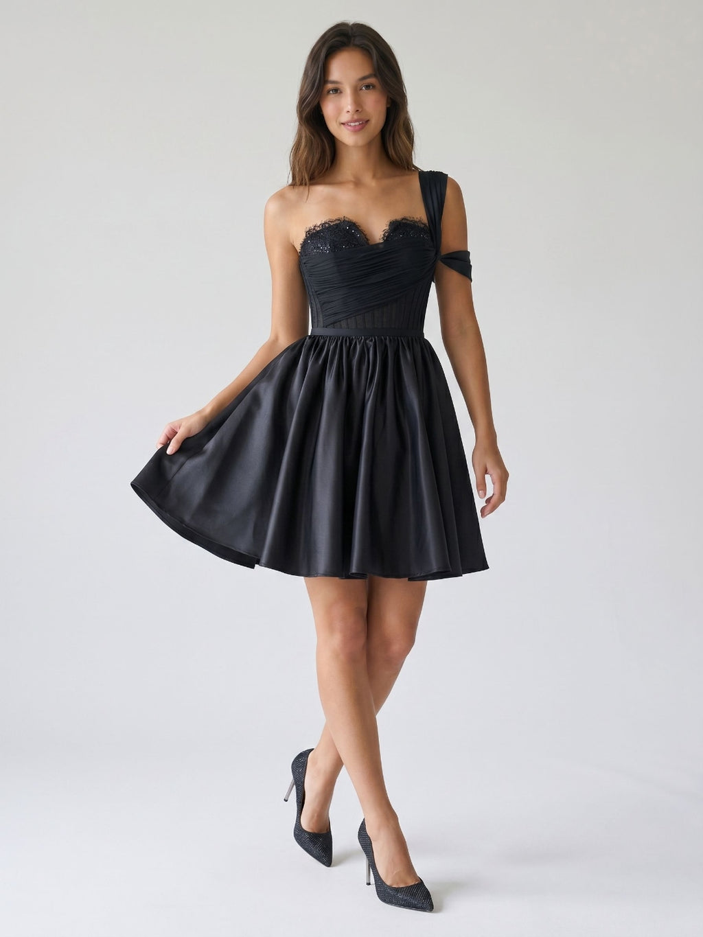 Black Satin A-Line One Shoulder Back Zip Short Homecoming Dress with Pleating