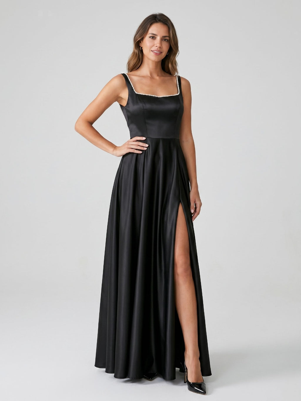 Black Satin A-Line Square Neck Bow Back Floor-Length Dress with Beading