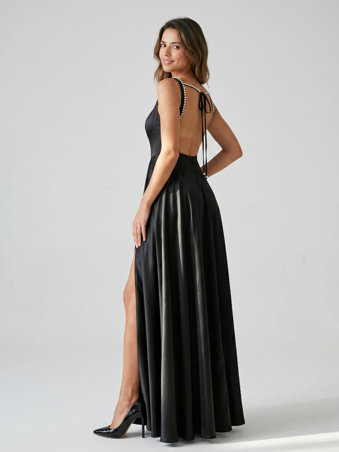 Black Satin A-Line Square Neck Bow Back Floor-Length Dress with Beading
