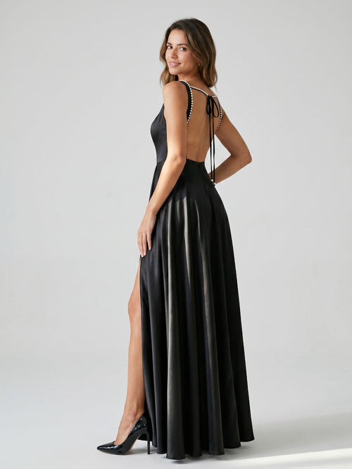 Black Satin A-Line Square Neck Bow Back Floor-Length Dress with Beading