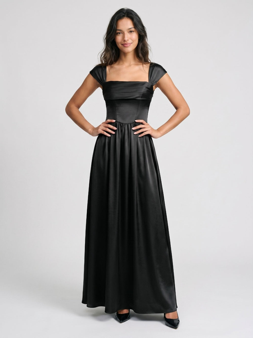 Black Satin A-Line Square Neck Lace-Up Back Floor-Length Party Dress with Pockets