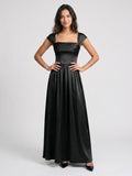 Black Satin A-Line Square Neck Lace-Up Back Floor-Length Party Dress with Pockets