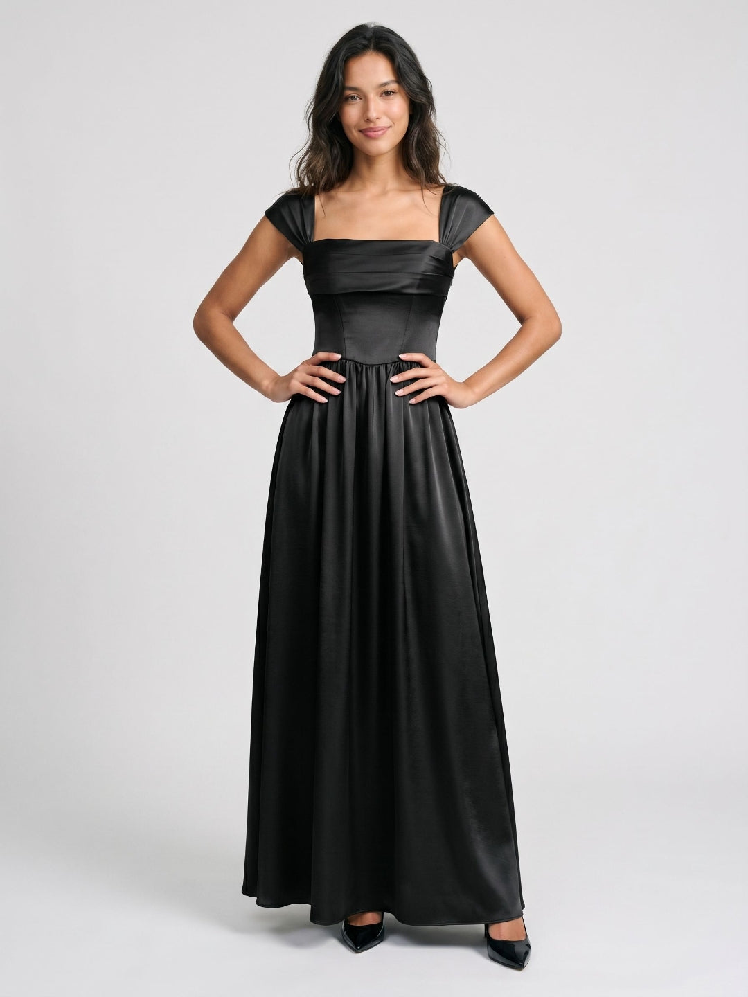 Black Satin A-Line Square Neck Lace-Up Back Floor-Length Party Dress with Pockets