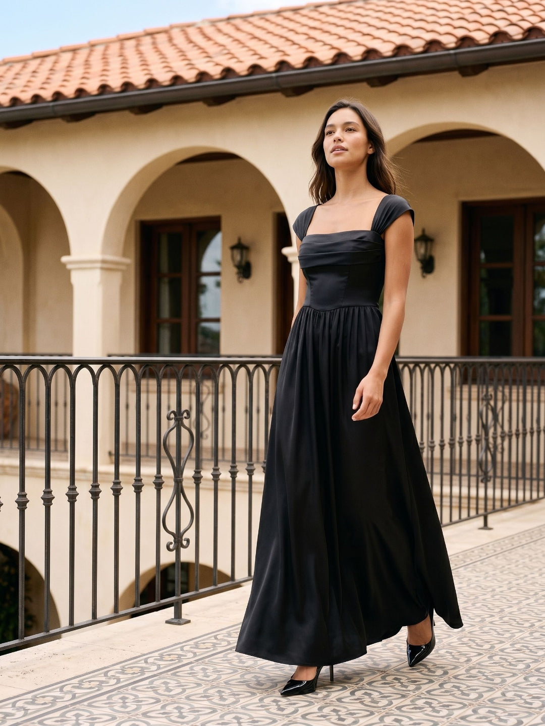 Black Satin A-Line Square Neck Lace-Up Back Floor-Length Party Dress with Pockets