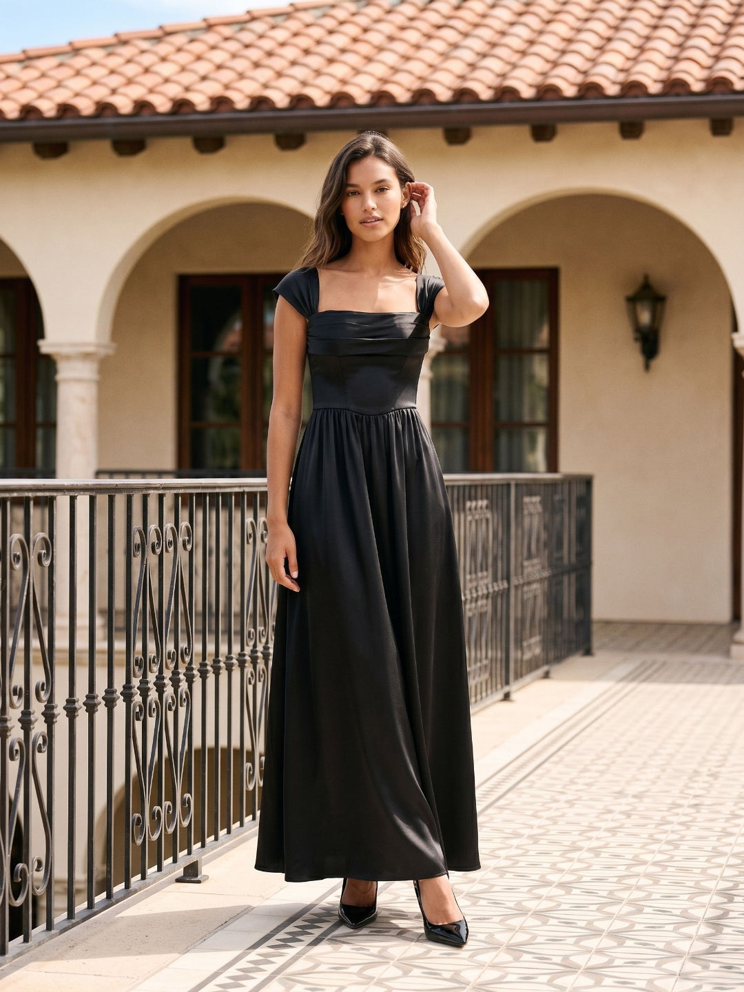 Black Satin A-Line Square Neck Lace-Up Back Floor-Length Party Dress with Pockets