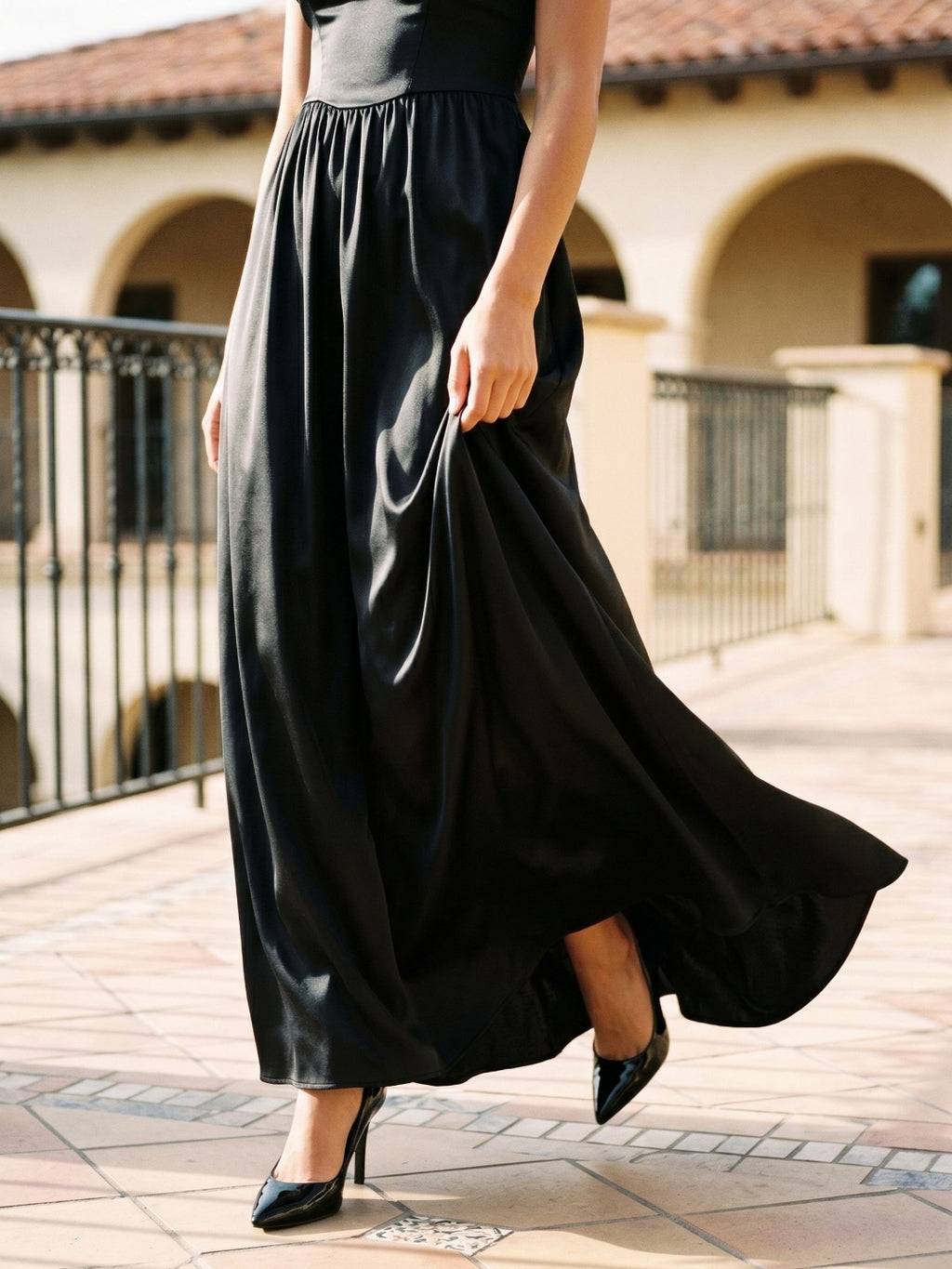 Black Satin A-Line Square Neck Lace-Up Back Floor-Length Party Dress with Pockets