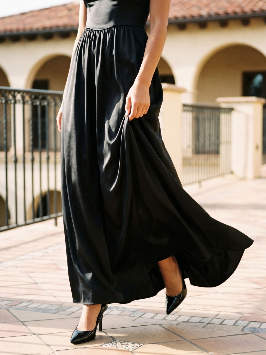 Black Satin A-Line Square Neck Lace-Up Back Floor-Length Party Dress with Pockets
